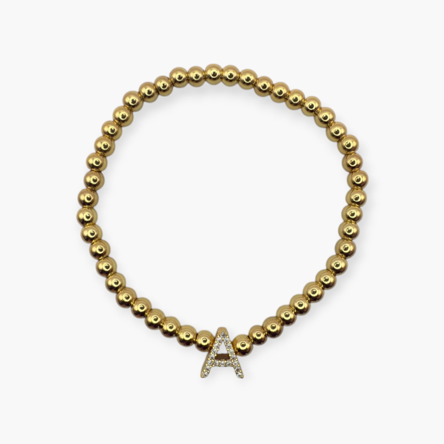 Gold Initial S.Steel ball Stretch Bracelet with Reversible CZ Charm
