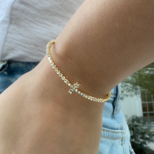 Gold CZ Cross Memory Wire Bracelet