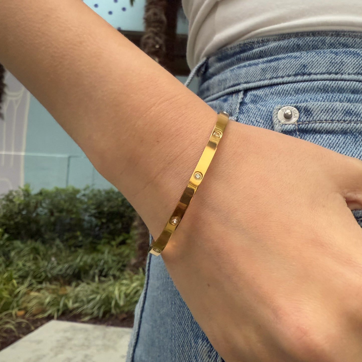 Gold CZ Studded Stainless Steel Bracelet