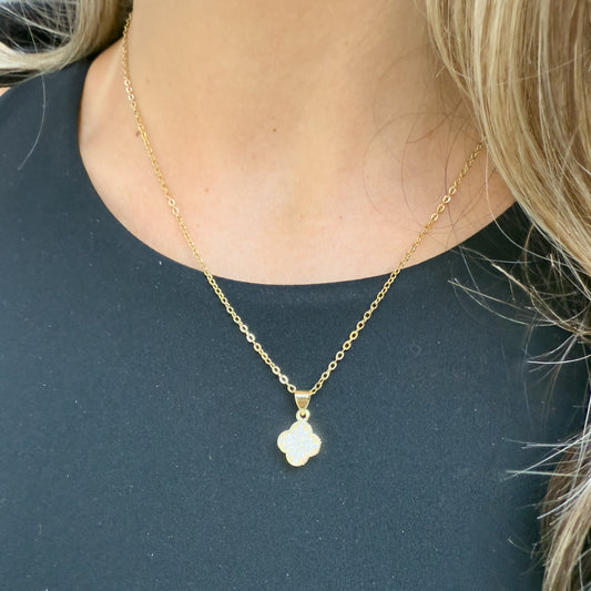 Gold Crystal Clover Pendant Necklace on model