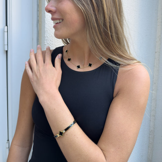 Midnight Magic Black Clover Inlay Cuff Bracelet