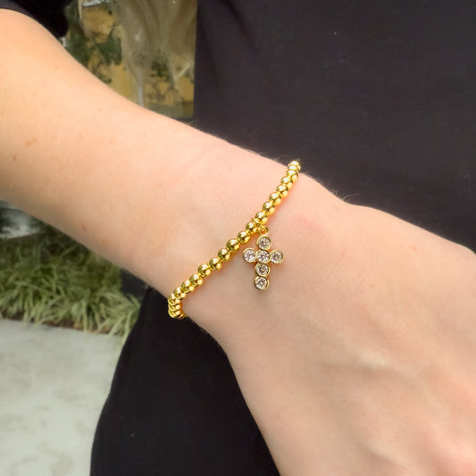 Gold CZ Cross Bead Bracelet