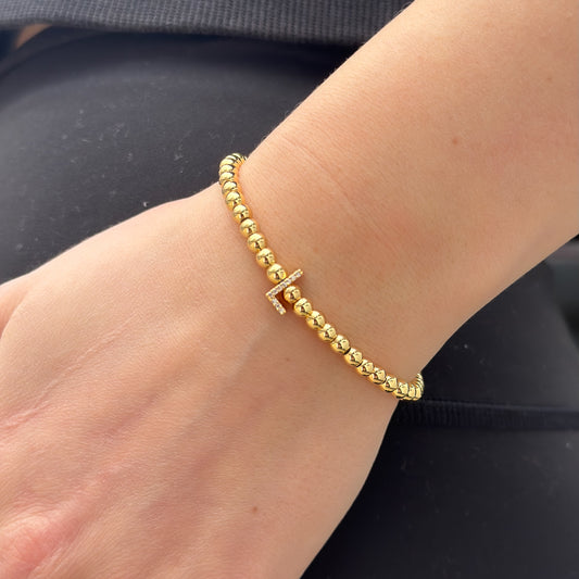 Gold Initial S.Steel ball Stretch Bracelet with Reversible CZ Charm