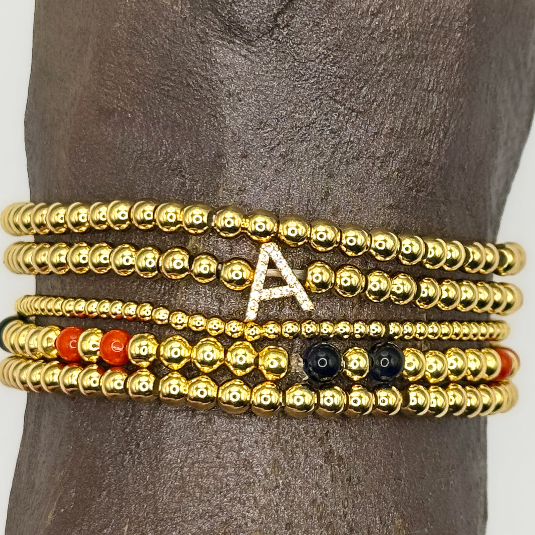 Gold Initial S.Steel ball Stretch Bracelet with Reversible CZ Charm