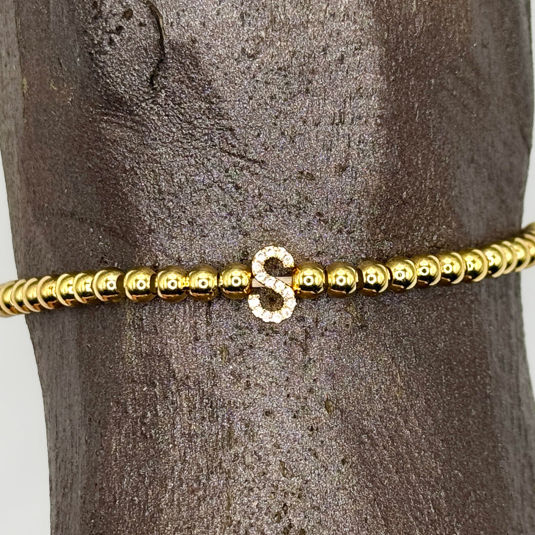 Gold Initial S.Steel ball Stretch Bracelet with Reversible CZ Charm