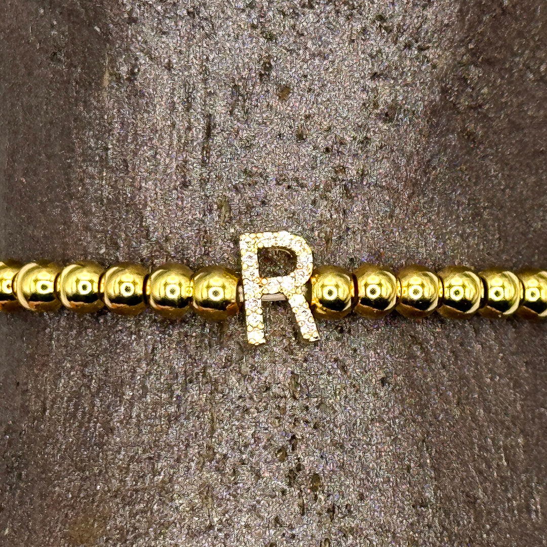 Gold Initial S.Steel ball Stretch Bracelet with Reversible CZ Charm