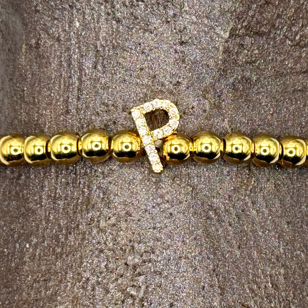 Gold Initial S.Steel ball Stretch Bracelet with Reversible CZ Charm