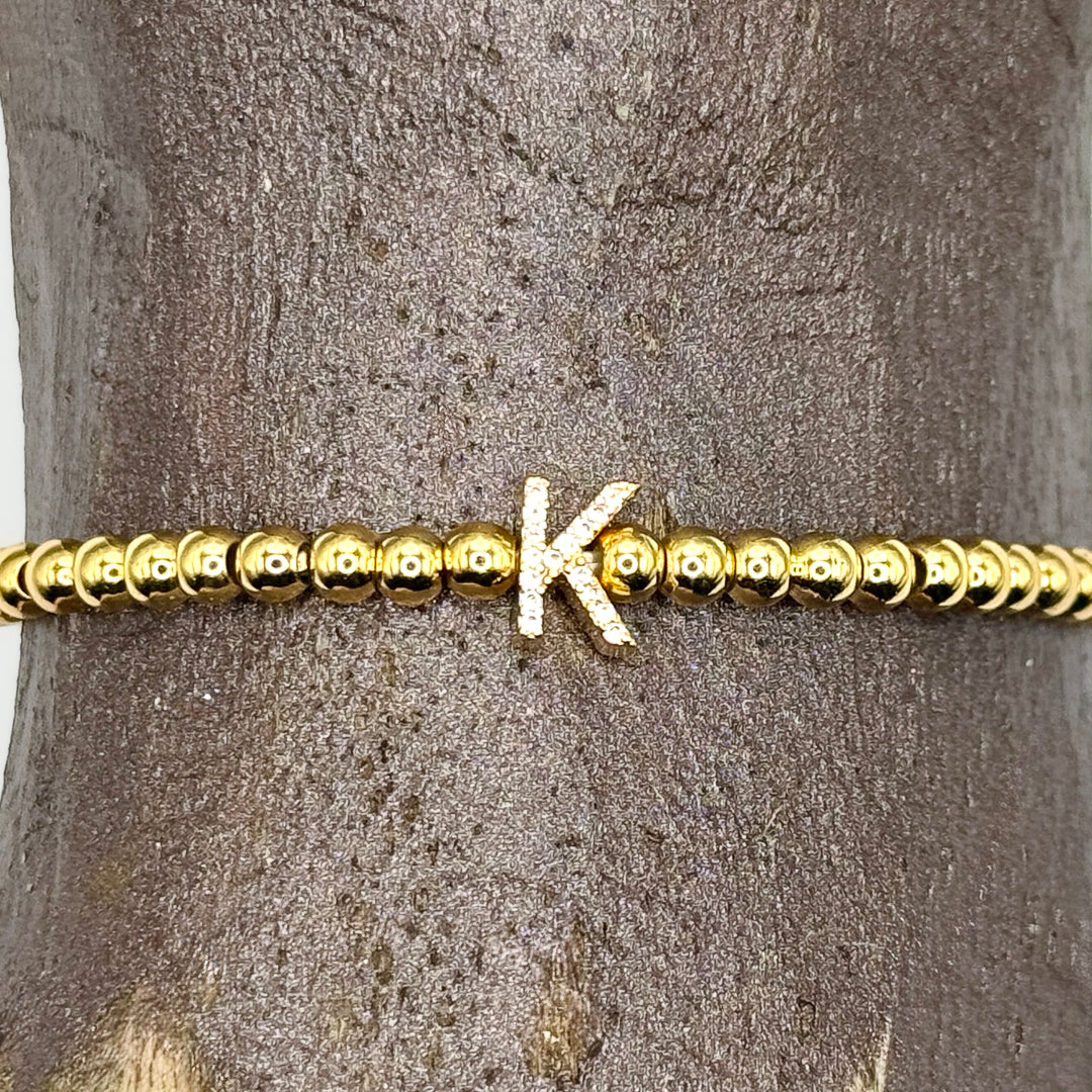Gold Initial S.Steel ball Stretch Bracelet with Reversible CZ Charm