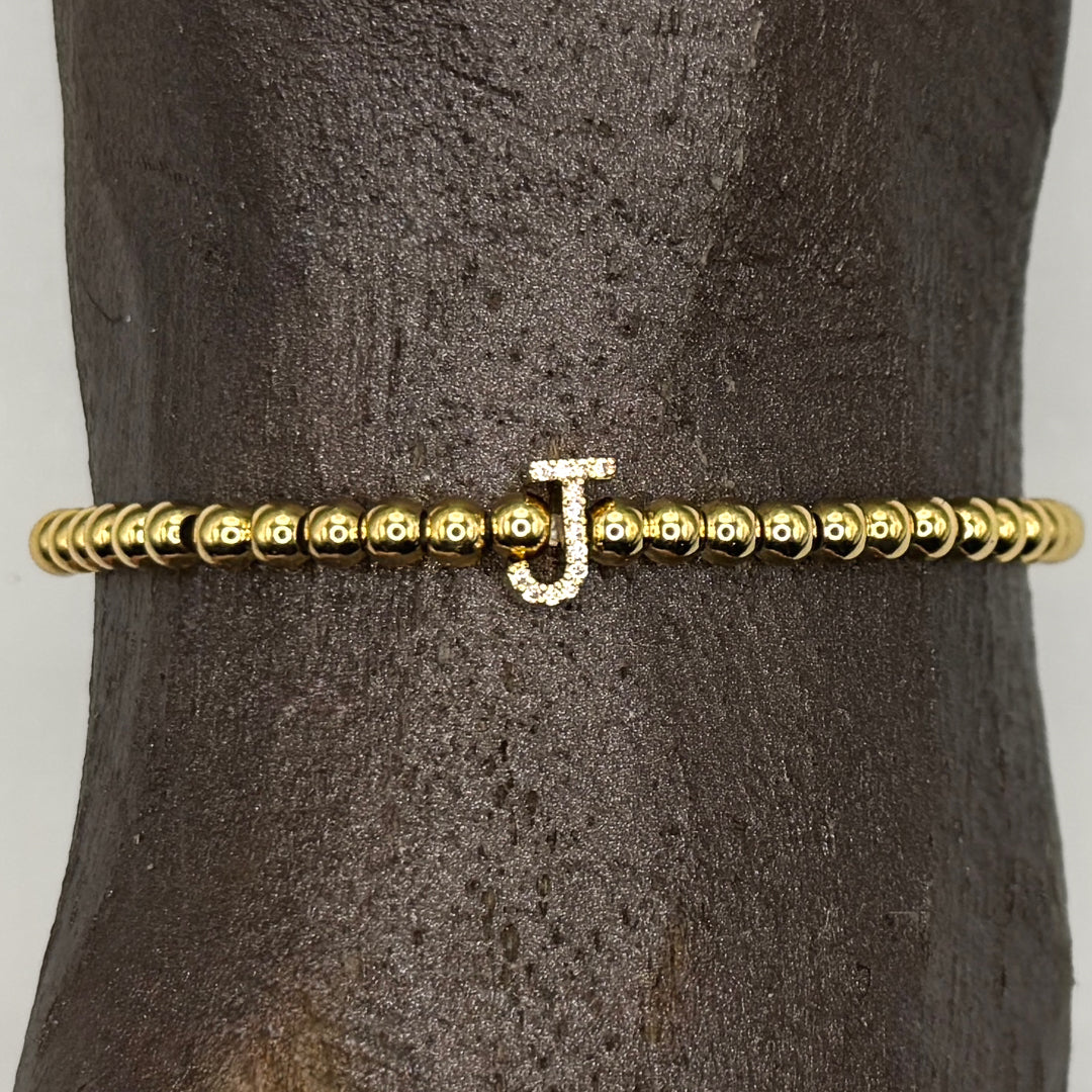 Gold Initial S.Steel ball Stretch Bracelet with Reversible CZ Charm