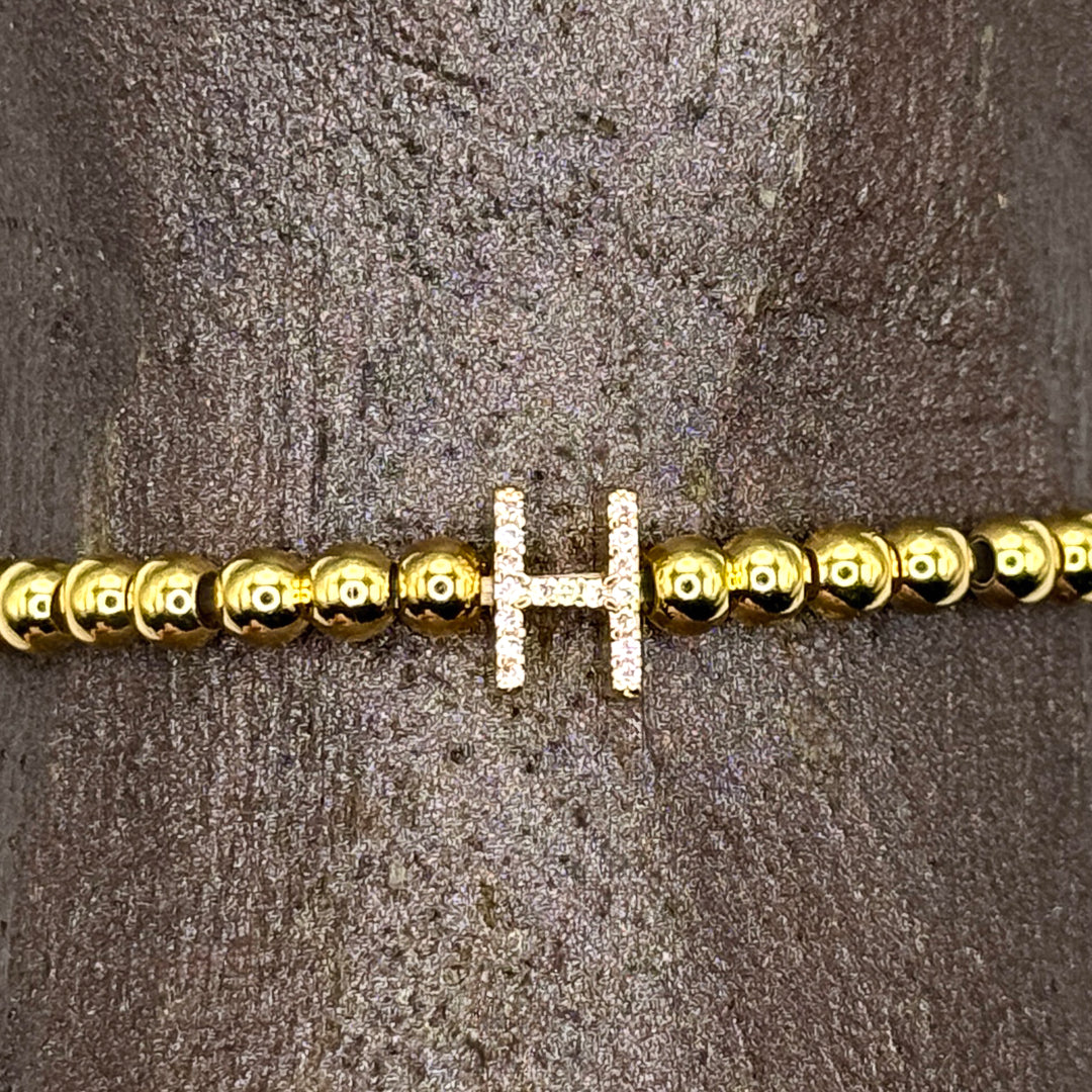 Gold Initial S.Steel ball Stretch Bracelet with Reversible CZ Charm