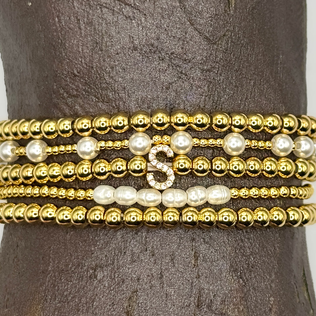 Gold Initial S.Steel ball Stretch Bracelet with Reversible CZ Charm