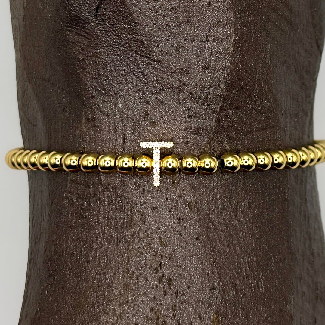 Gold Initial S.Steel ball Stretch Bracelet with Reversible CZ Charm