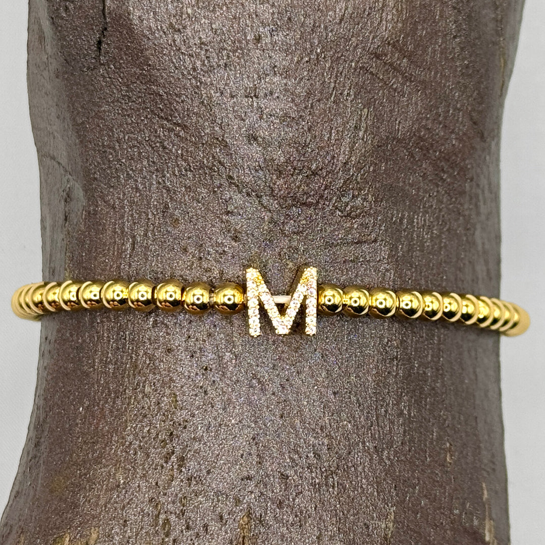 Gold Initial S.Steel ball Stretch Bracelet with Reversible CZ Charm