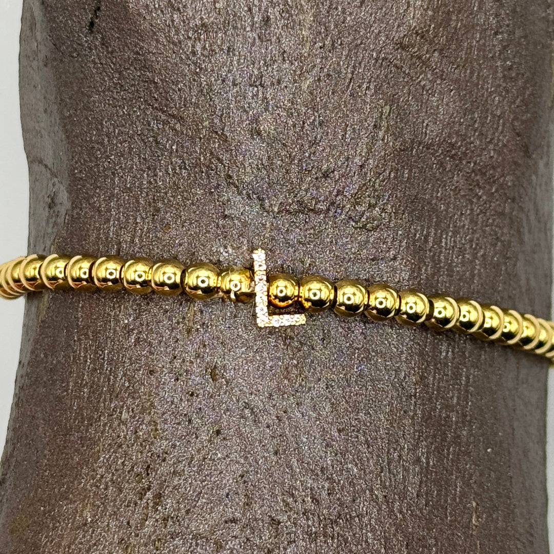 Gold Initial S.Steel ball Stretch Bracelet with Reversible CZ Charm