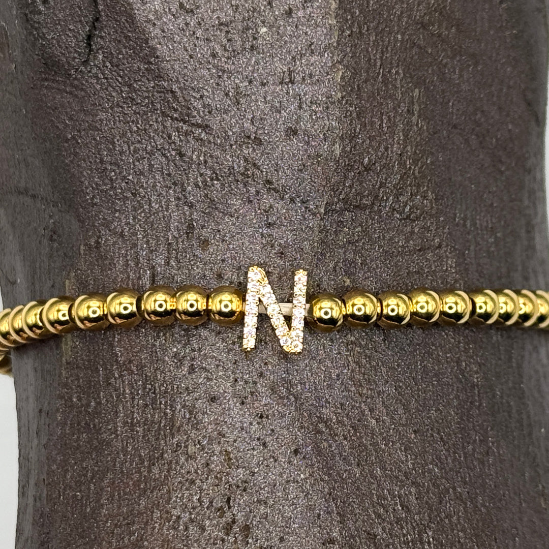 Gold Initial S.Steel ball Stretch Bracelet with Reversible CZ Charm