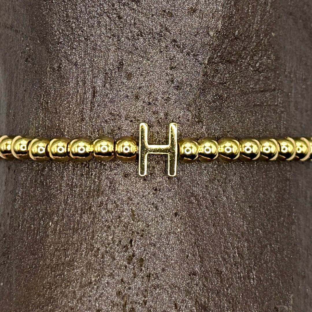Gold Initial S.Steel ball Stretch Bracelet with Reversible CZ Charm