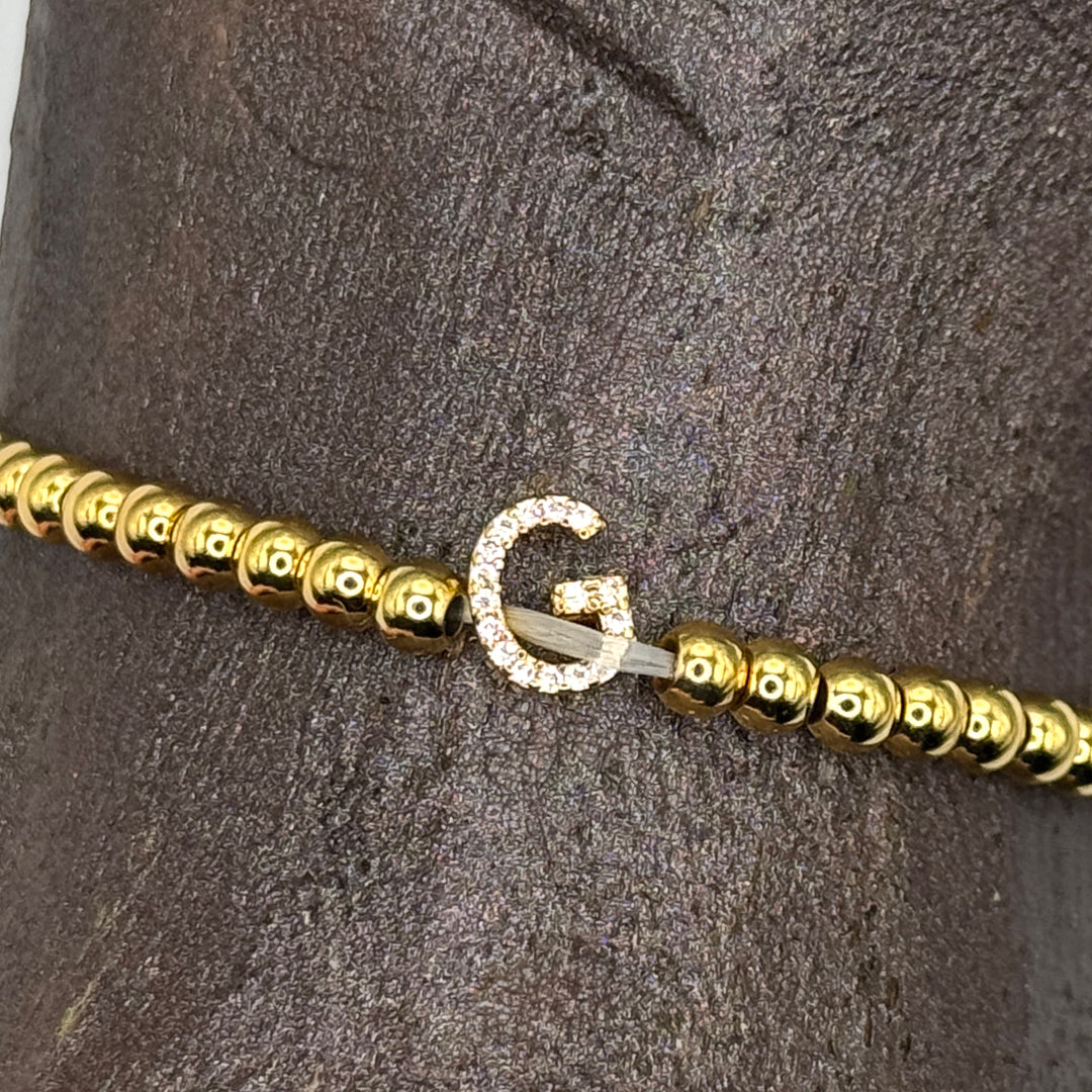 Gold Initial S.Steel ball Stretch Bracelet with Reversible CZ Charm