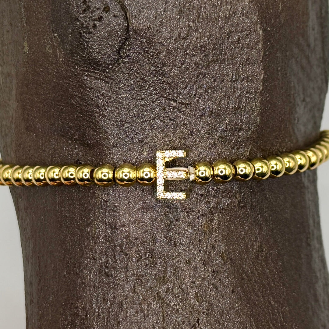Gold Initial S.Steel ball Stretch Bracelet with Reversible CZ Charm