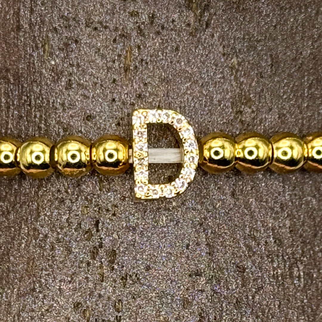 Gold Initial S.Steel ball Stretch Bracelet with Reversible CZ Charm