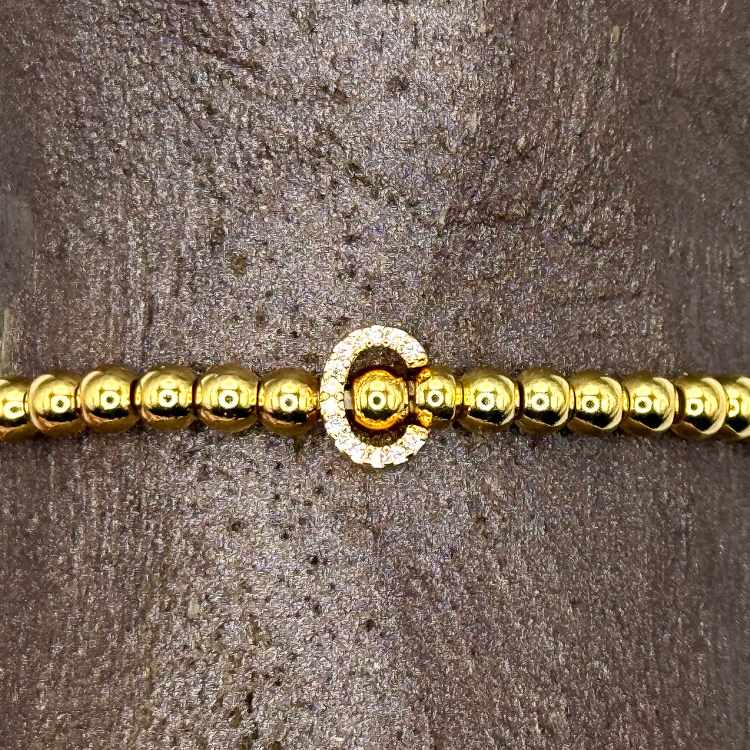 Gold Initial S.Steel ball Stretch Bracelet with Reversible CZ Charm
