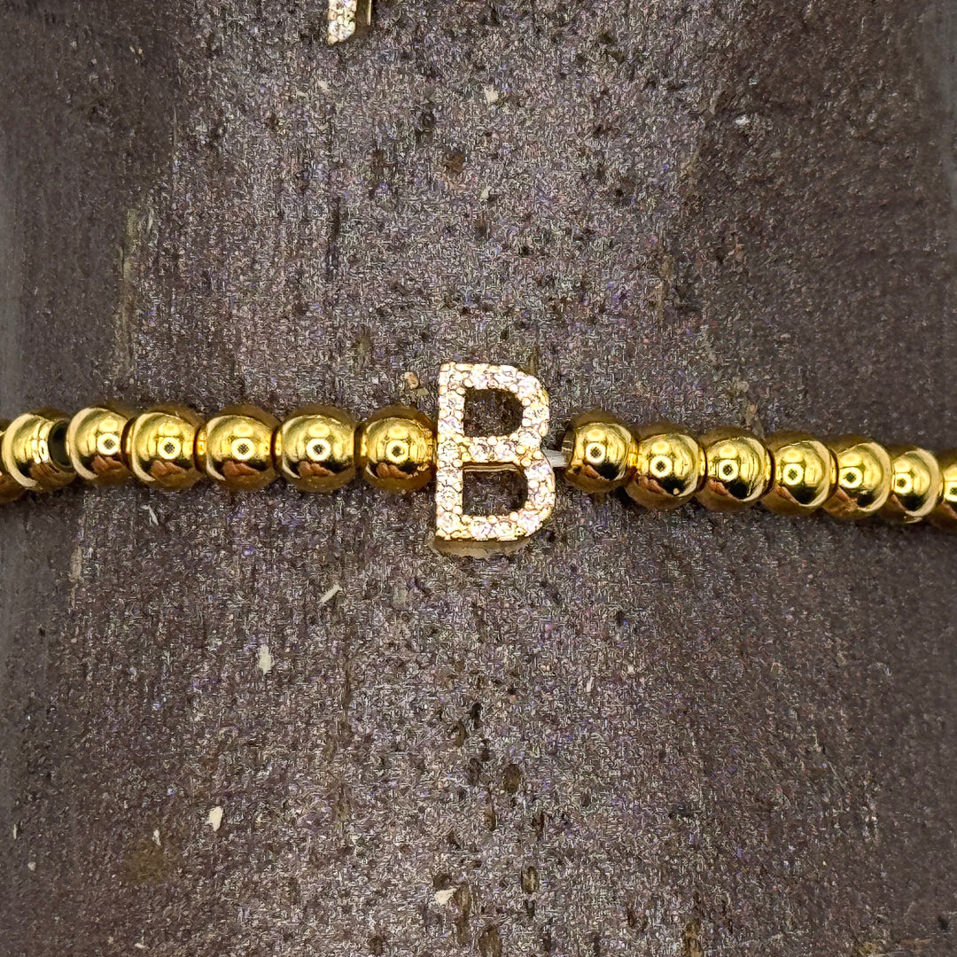 Gold Initial S.Steel ball Stretch Bracelet with Reversible CZ Charm