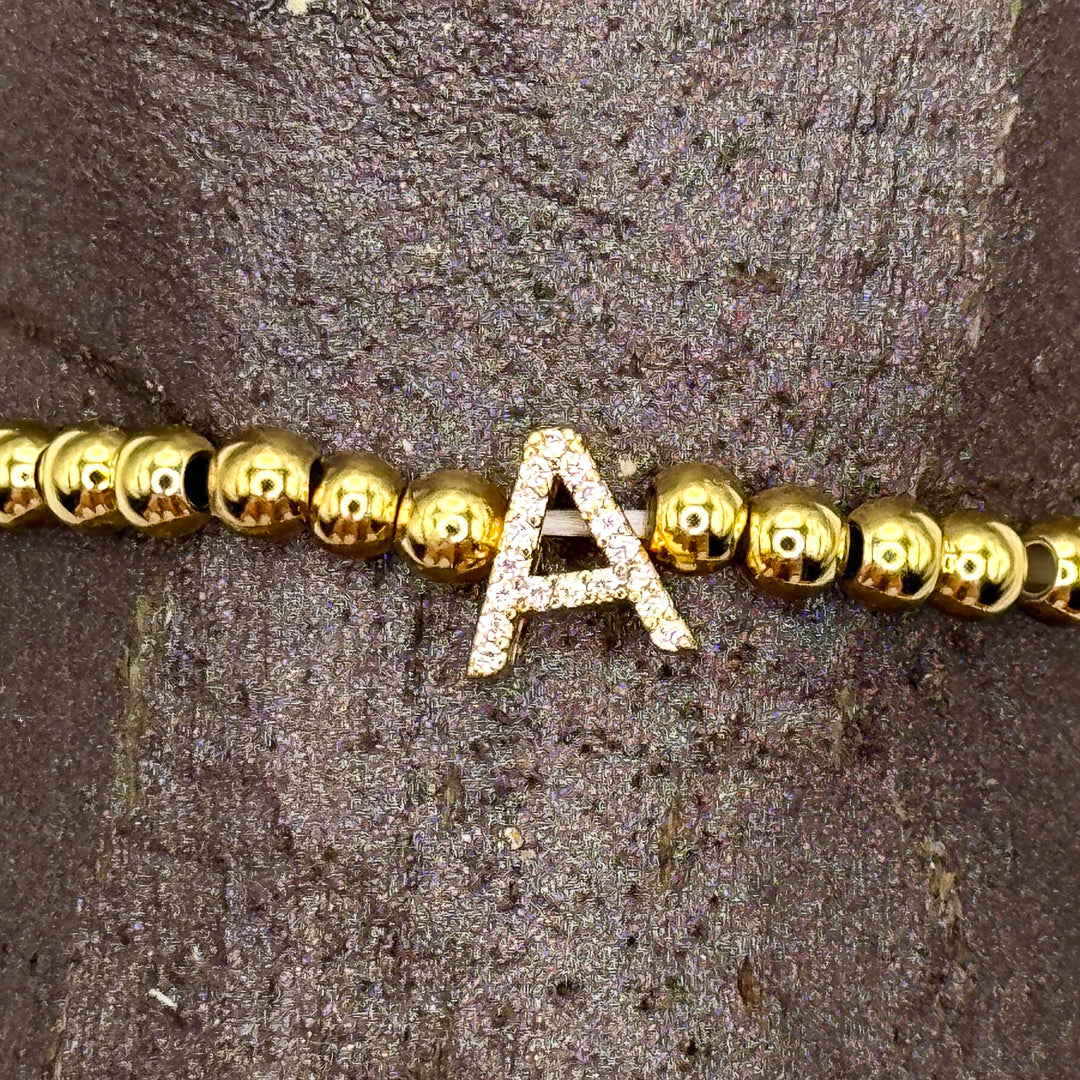 Gold Initial S.Steel ball Stretch Bracelet with Reversible CZ Charm