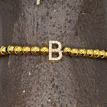 Gold Initial S.Steel ball Stretch Bracelet with Reversible CZ Charm