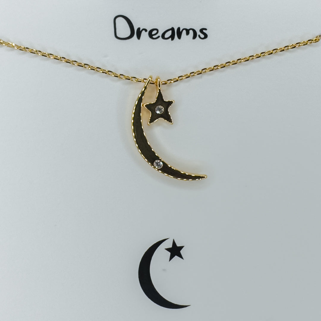Gold Moon and Star 18K Gold dipped Necklace "Dreams" 16"+
